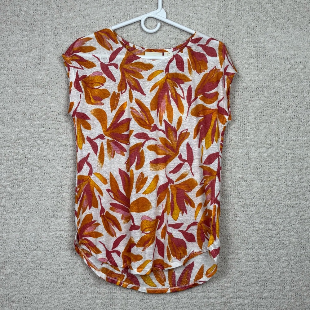 Cynthia Rowley Top Womens Sm White Orange Floral Linen Coastal Beach Lightweight